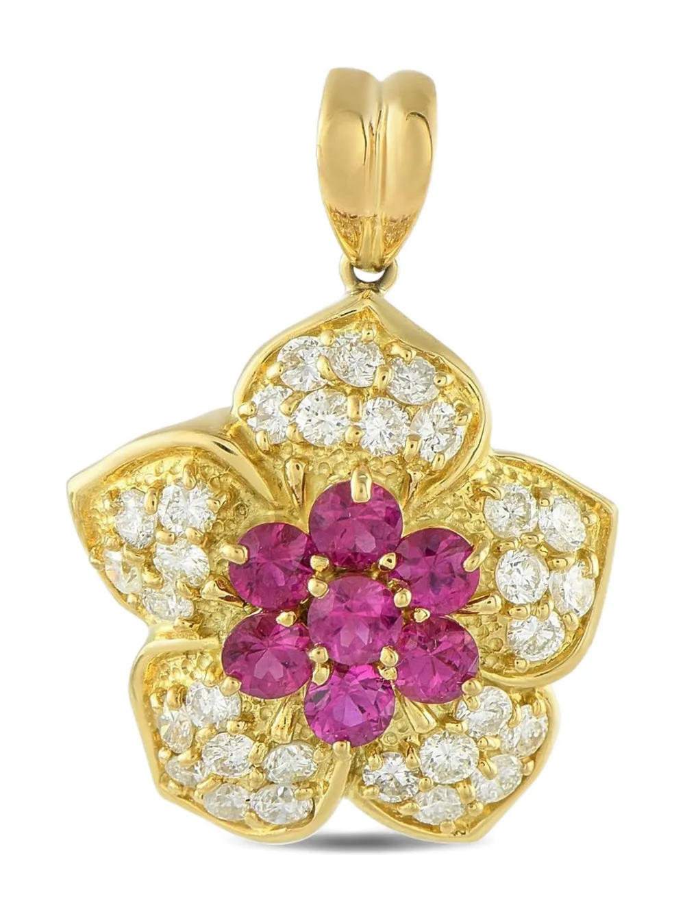 Pre-owned Lb Exclusive 18k Yellow Gold Diamond And Ruby Flower Pendant