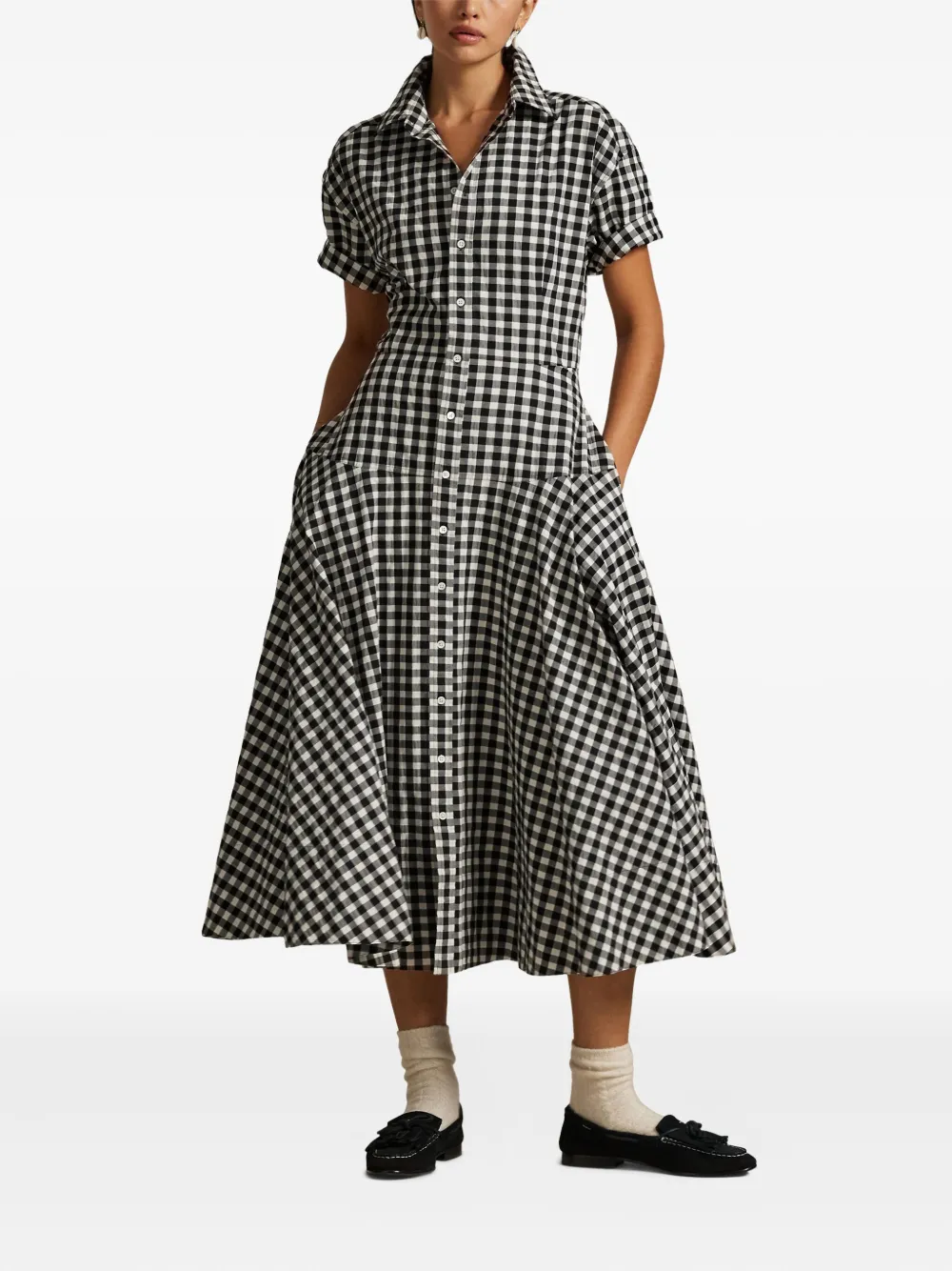 Polo Ralph Lauren Gingham-check Collared Midi Shirt Dress In Black