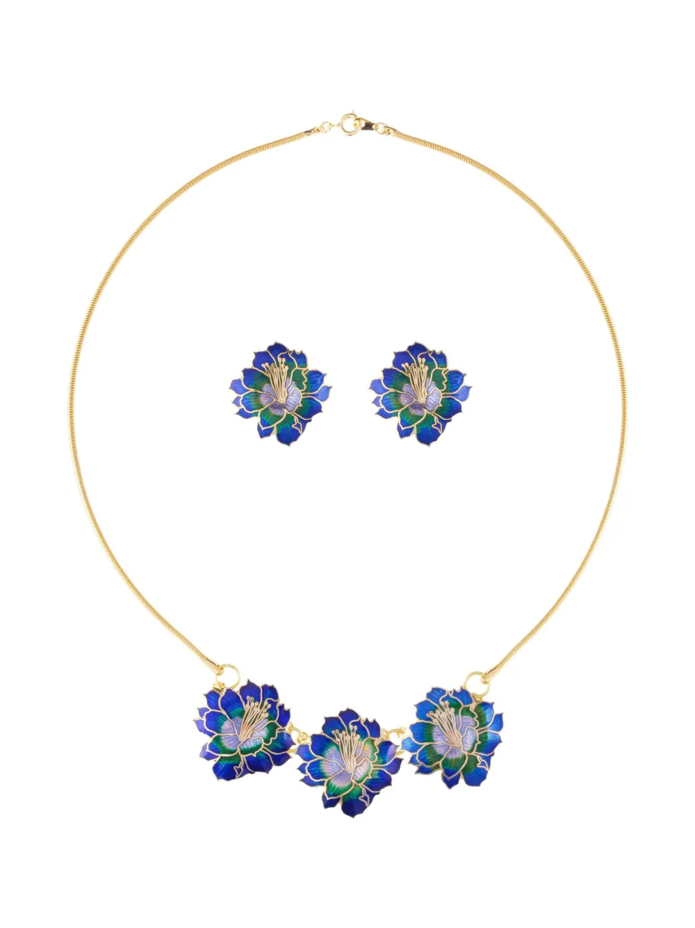 Susan Caplan Vintage 1980s cloisonné lotus flower necklace and earrings set - Oro