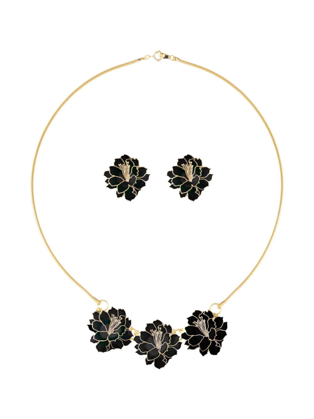 Pre-owned Susan Caplan Vintage 1980s Cloisonné Flower Necklace And Earrings Set In Gold