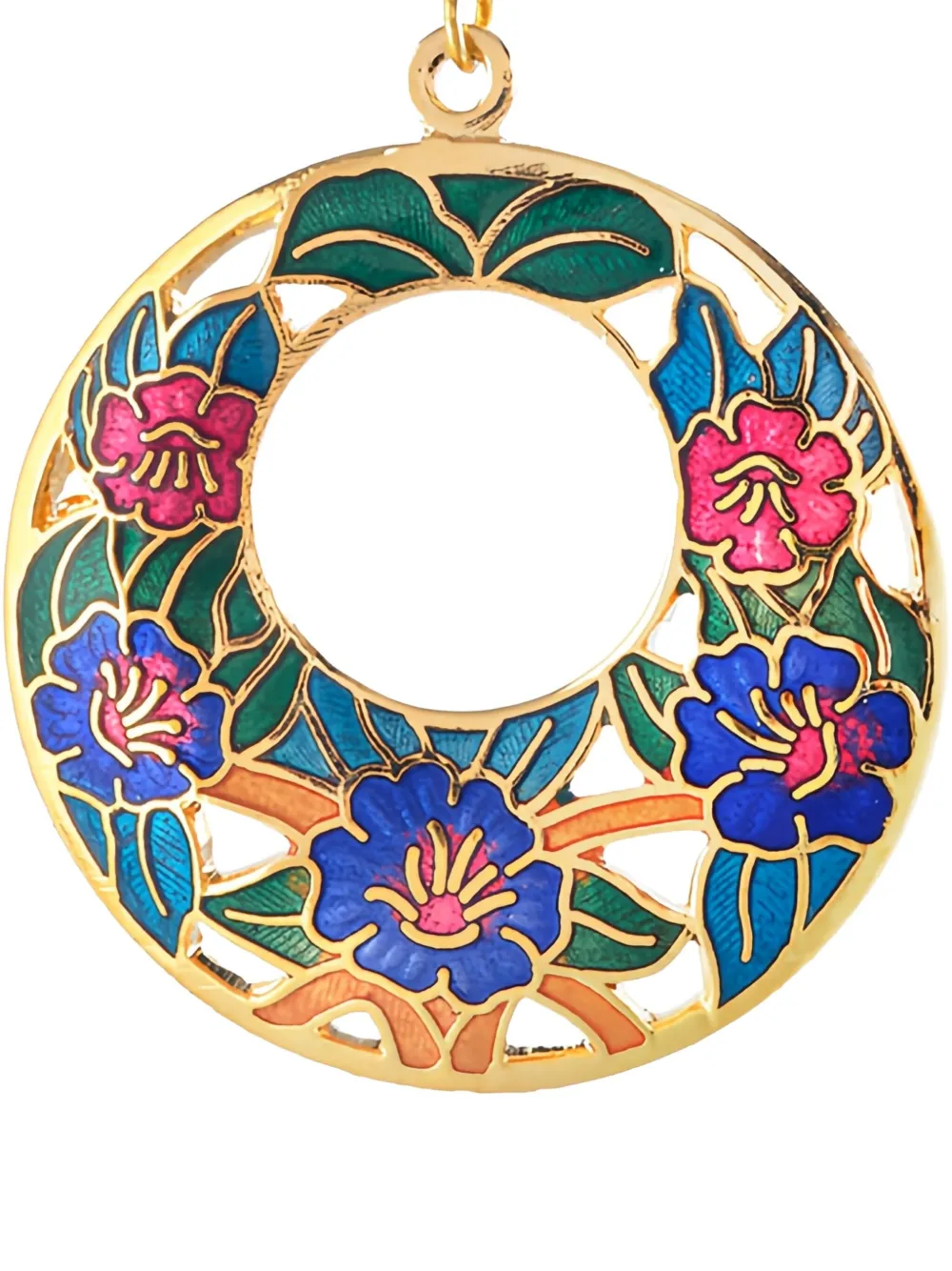 Pre-owned Susan Caplan Vintage 1980s Cloisonné Floral Hoop Earrings In Gold