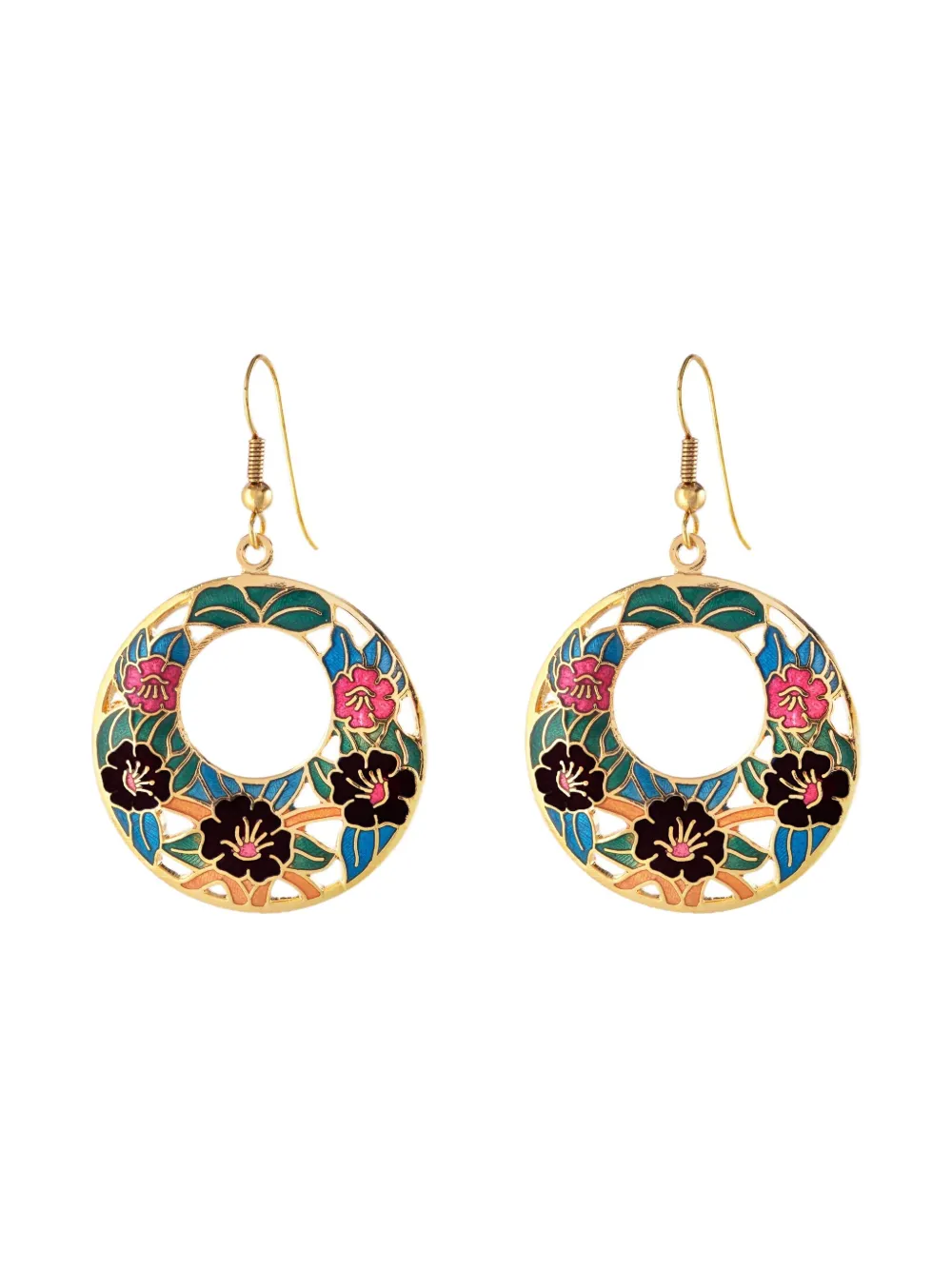 Pre-owned Susan Caplan Vintage 1980s Cloisonné Floral Earrings In Gold