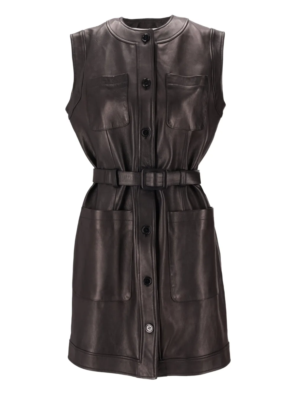 La Rose Buttoned Belted Leather Dress In Black