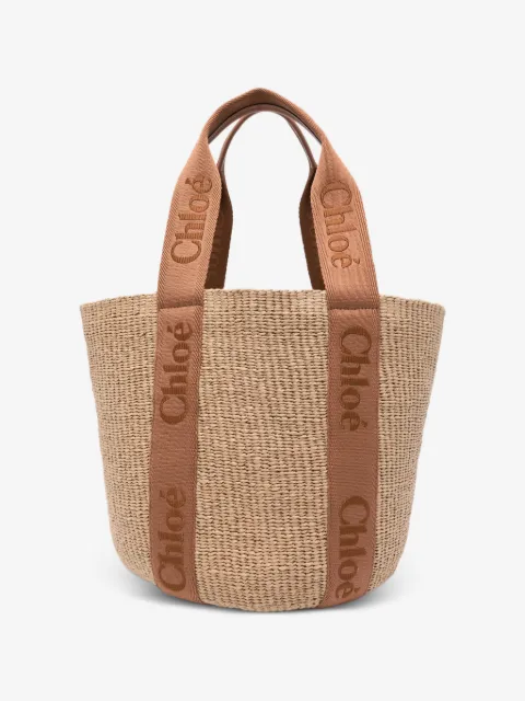 Chloé Large Woody raffia logo tote bag