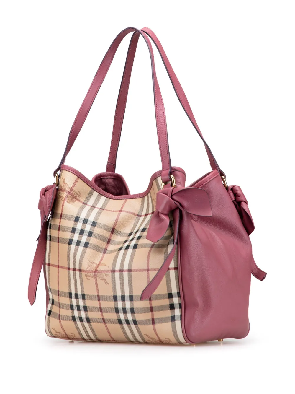 Pre-owned Burberry 2000-2017 Small Leather Trimmed Haymarket Check Coated Canvas Canterbury Bow Tote Bag In Brown