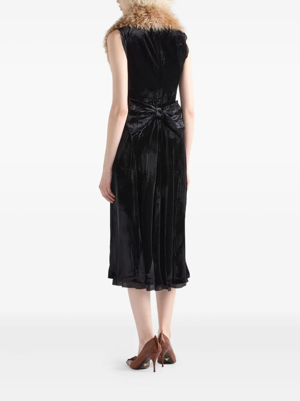 Prada Velvet Bow-back Sleeveless Midi Dress In Black