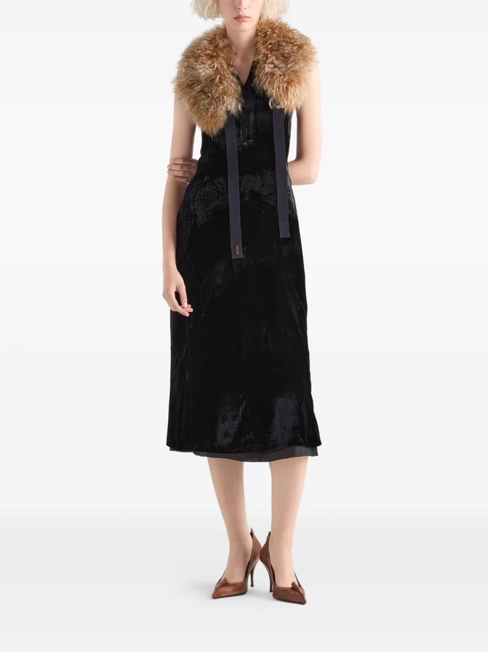 Prada Jurk met bontkraag en strikdetail - Zwart
