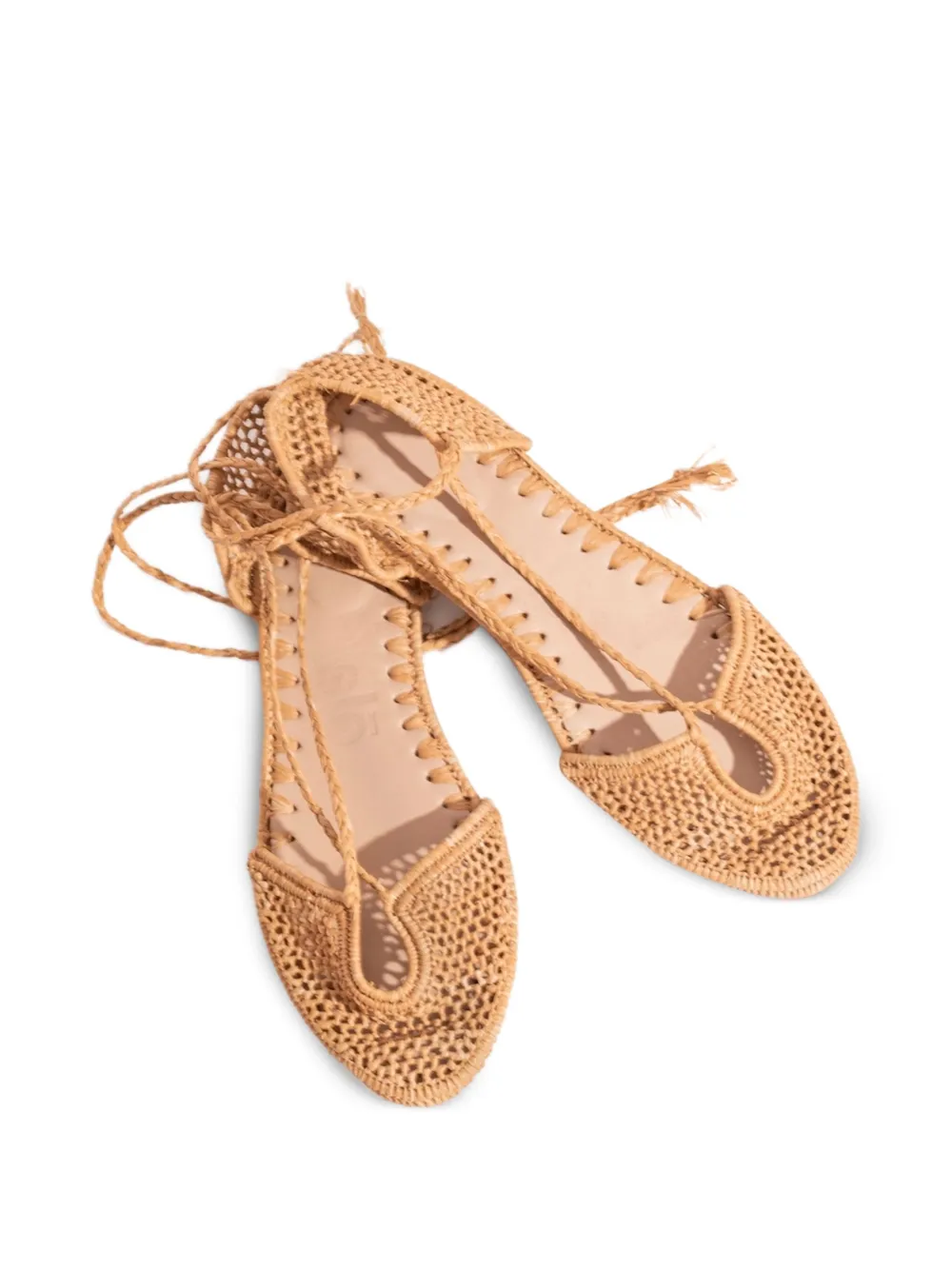  Slo_hand_made Raffia Lace-up Ballet Flats - Brown 