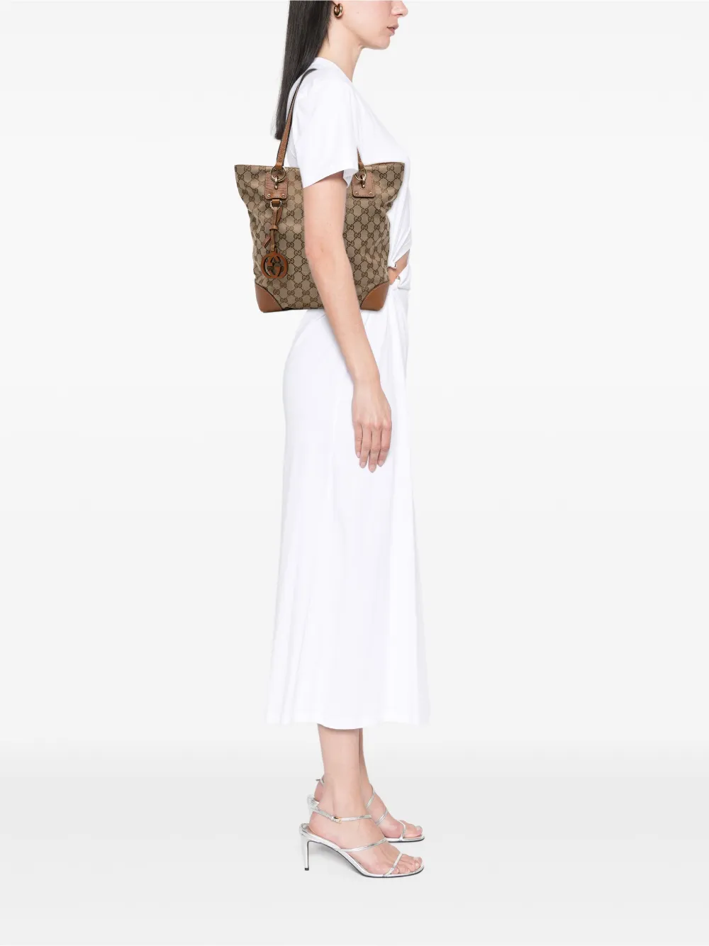 Pre-owned Gucci 2016-2025 Medium Gg Canvas Gg Charm Tote Bag In Brown