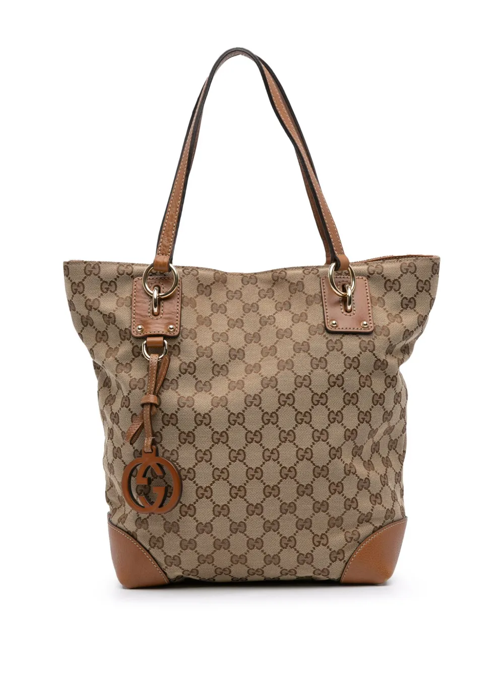 Pre-owned Gucci 2016-2025 Medium Gg Canvas Gg Charm Tote Bag In Brown
