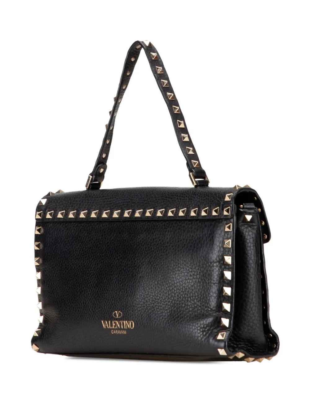 Pre-owned Valentino Garavani 2000-2017 Small Pebbled Calfskin Rockstud Single Handle Flap Satchel In Black