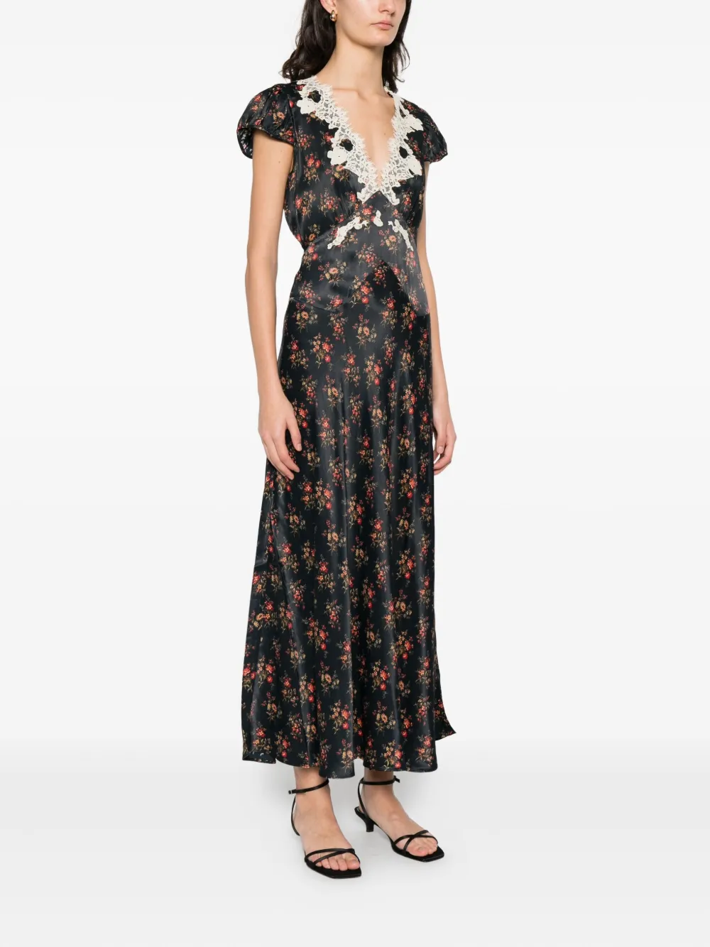 DÔEN Coraline midi-jurk met kant en bloem Zwart
