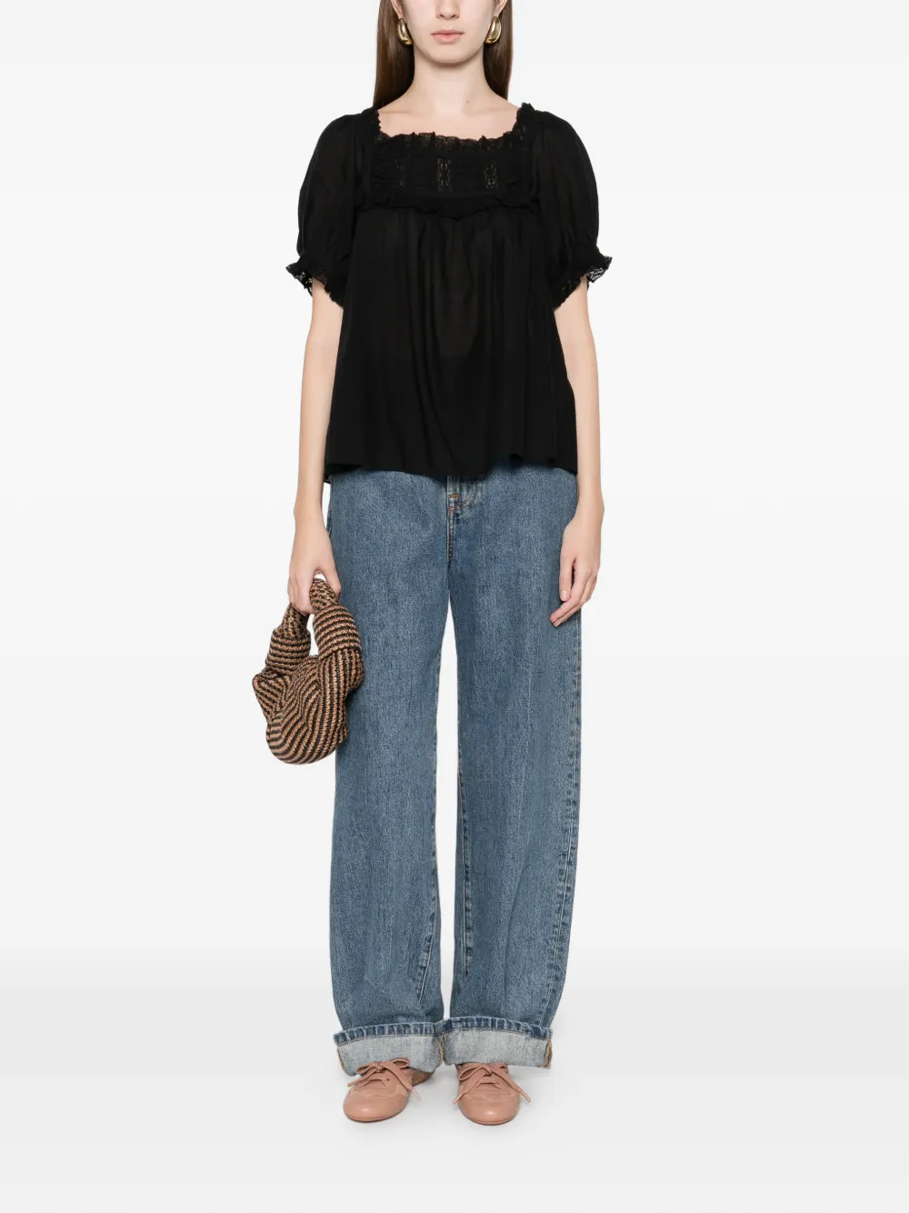 DÔEN Frances ruffled detail top - Zwart