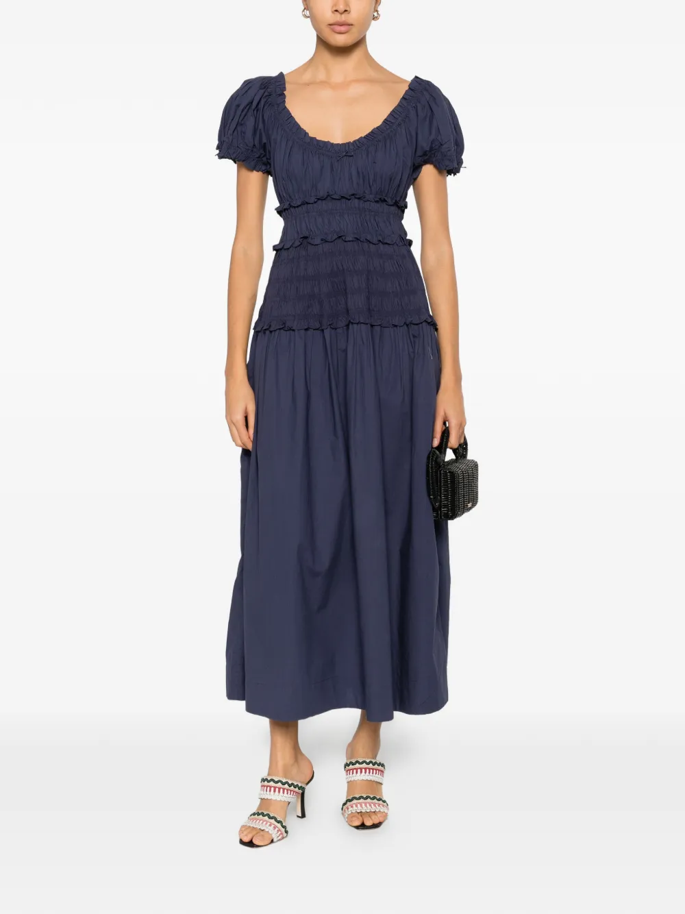 D&Ocirc;EN Jurk met diepe ronde hals en ruches - Blauw