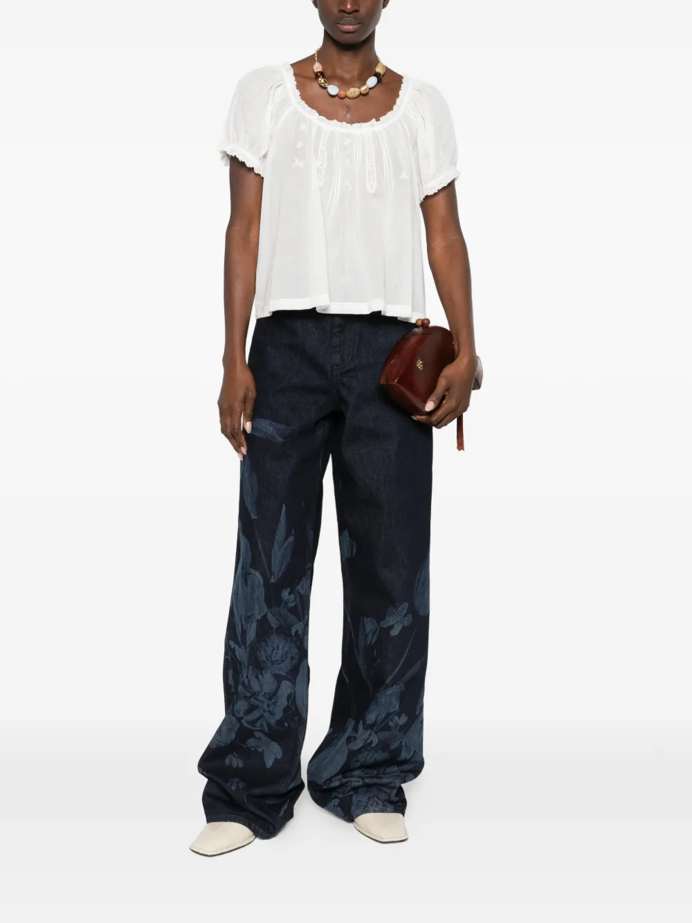 D&Ocirc;EN lace-detail scoop-neck blouse - Wit