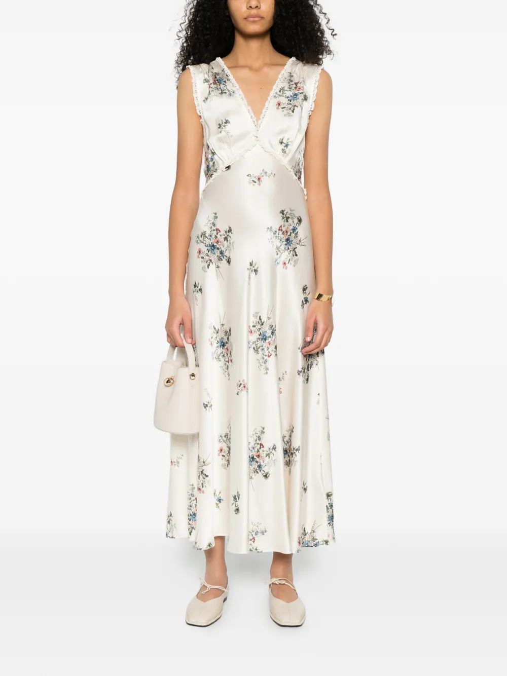 DÔEN V-neck floral print midi dress - Beige