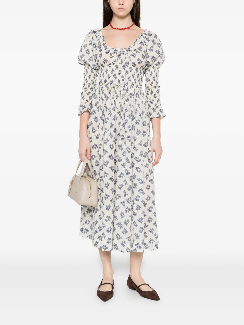 DÔEN scoop neck flower print dress - Wit