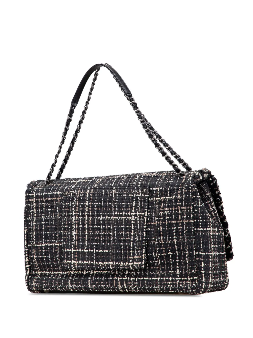 Pre-owned Chanel 2016-2017 Xxl Cc Tweed Single Flap Shoulder Bag In Black