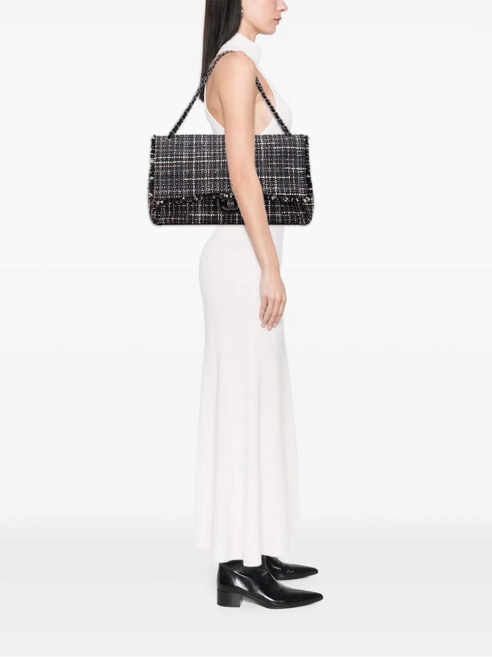 Pre-owned Chanel 2016-2017 Xxl Cc Tweed Single Flap Shoulder Bag In Black