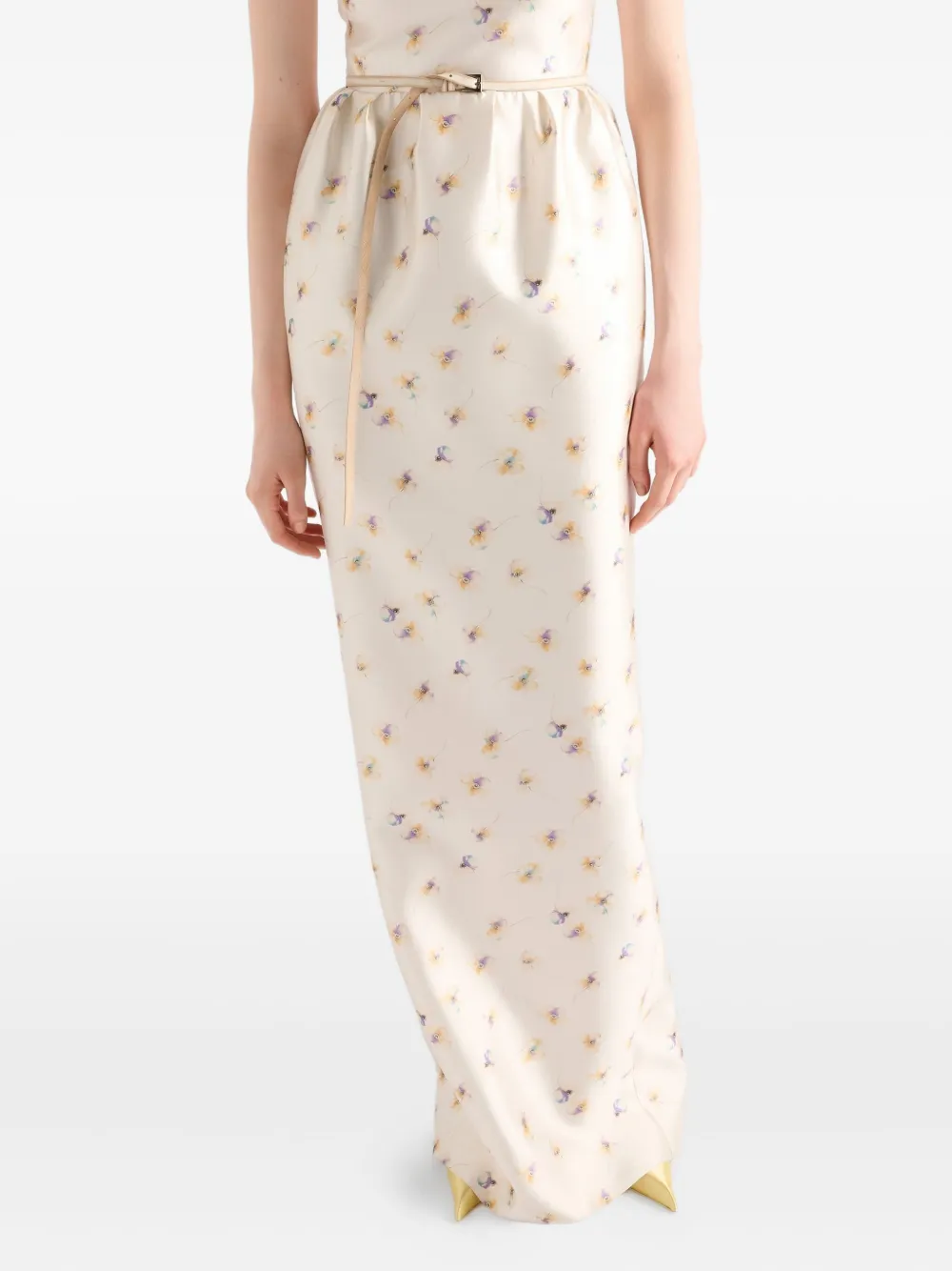 Prada Long Floral Print Silk And Wool Dress In White