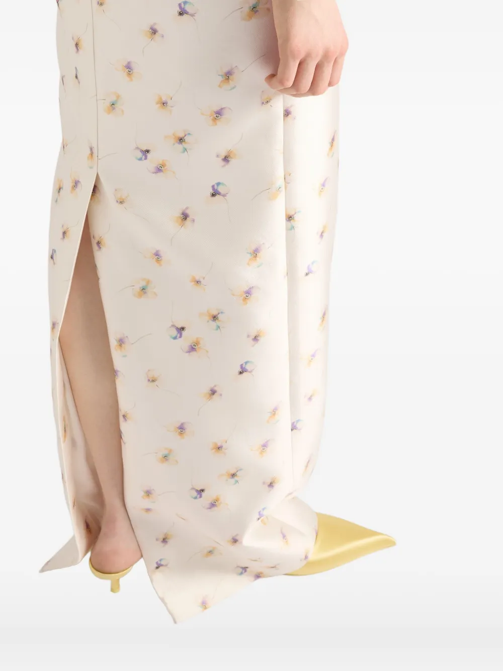 Prada Long Floral Print Silk And Wool Dress In White