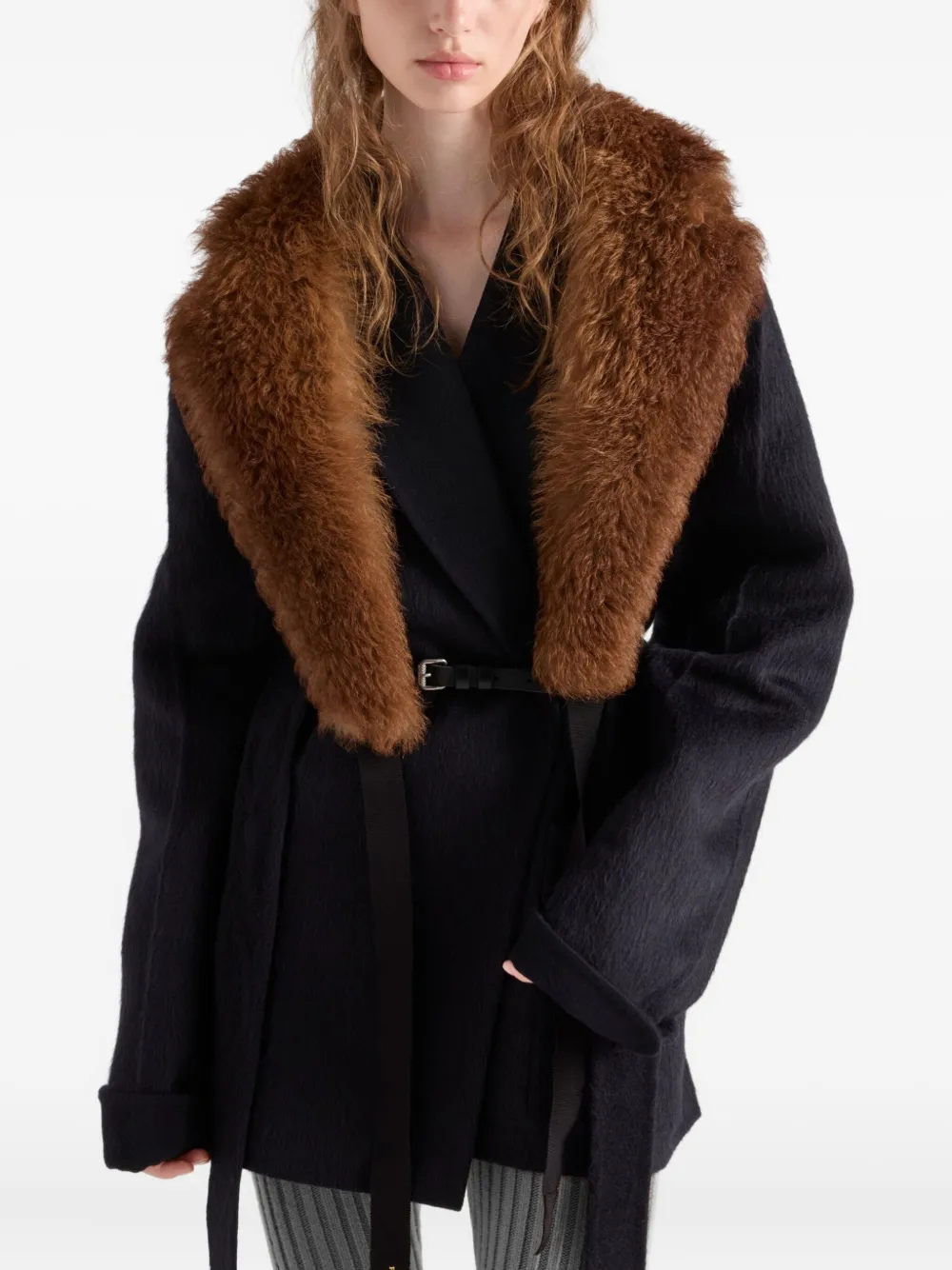 Prada Single-breasted Double Velour Caban Jacket In Blue