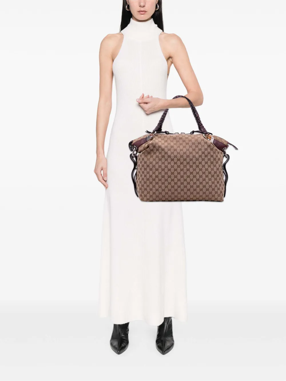 Pre-owned Gucci 2016-2025 Large Gg Canvas Bamboo Bar Tote Bag In Brown