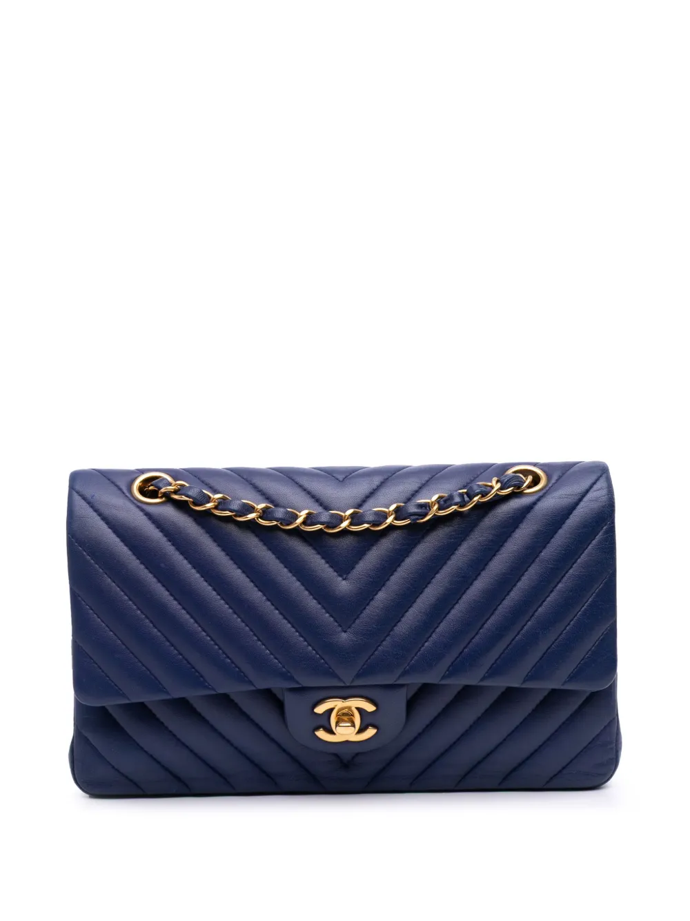 Pre-owned Chanel 2015-2016 Medium Classic Chevron Lambskin Double Flap Shoulder Bag In Blue