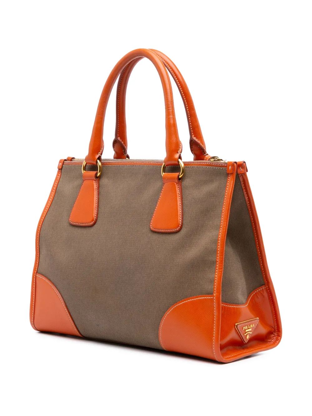 Pre-owned Prada 2010-2025 Saffiano Trimmed Canvas Canapa Logo Double Zip Satchel In Brown