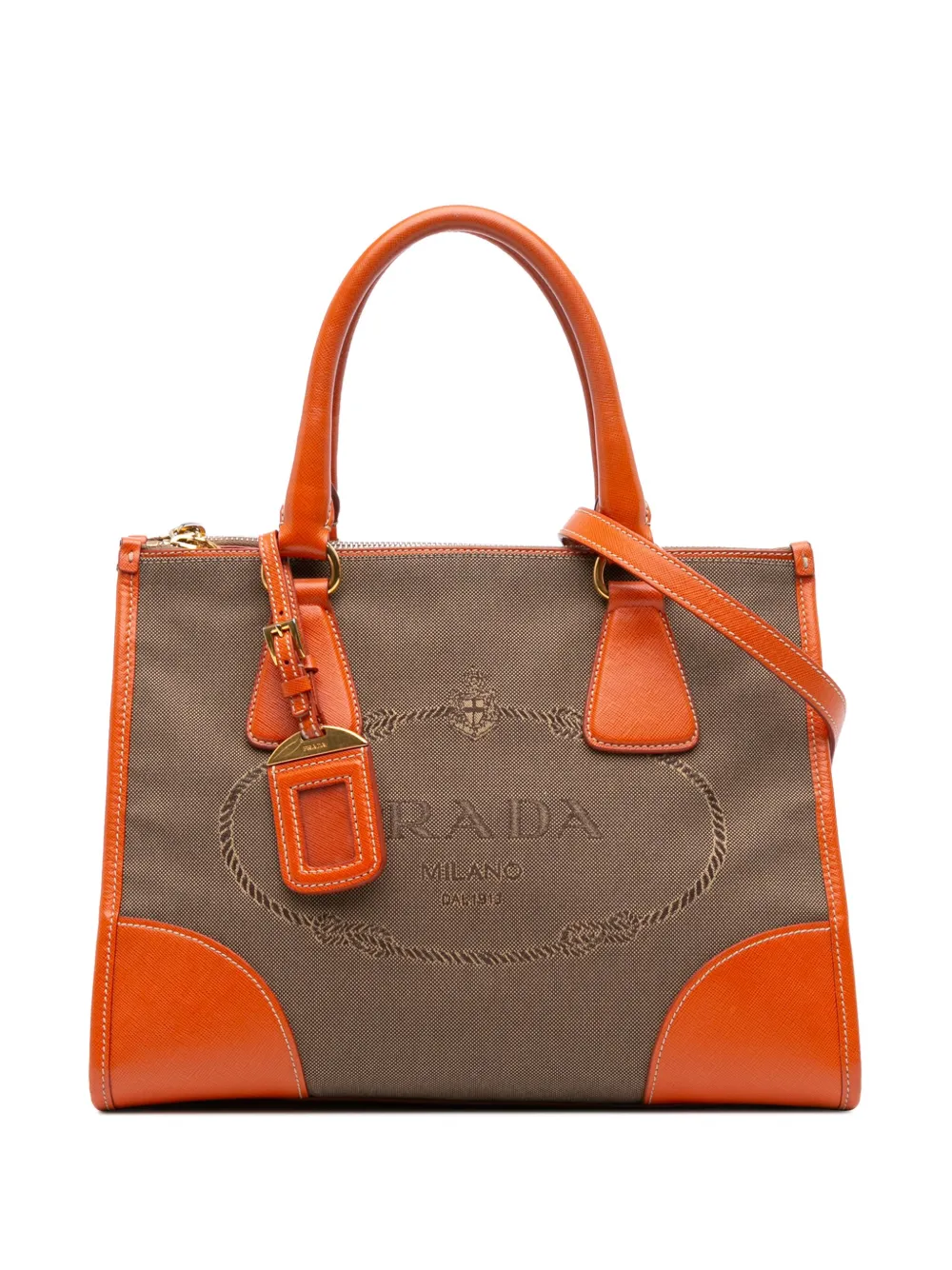 Pre-owned Prada 2010-2025 Saffiano Trimmed Canvas Canapa Logo Double Zip Satchel In Brown