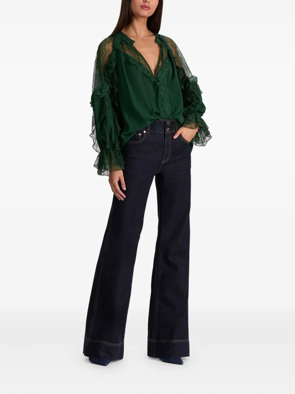 Alice And Olivia Aleena Lace-trimmed Ruffled Blouse In Green