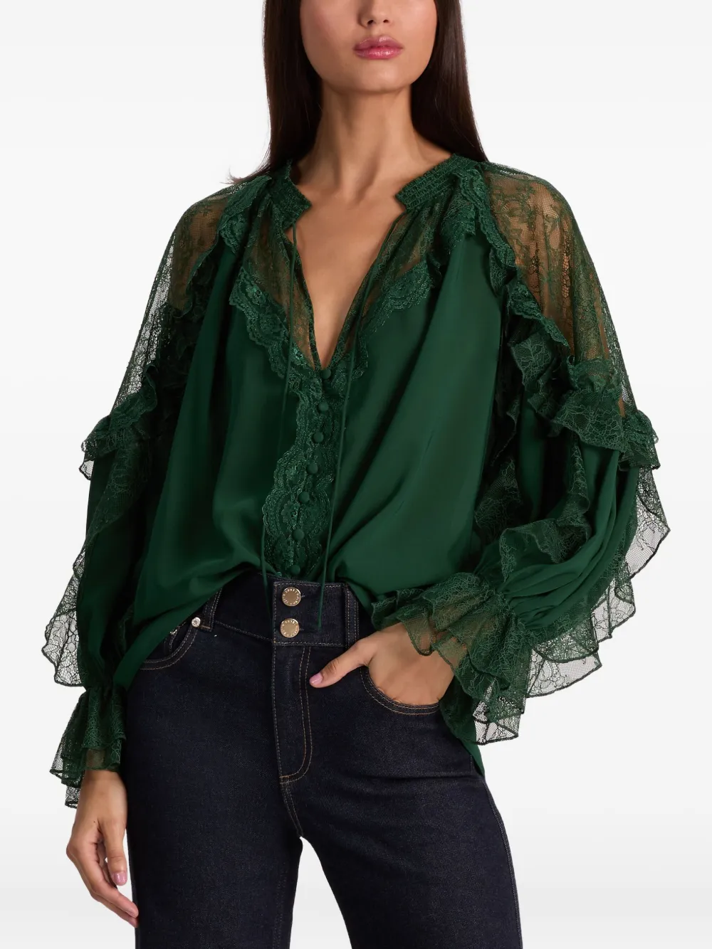 Alice And Olivia Aleena Lace-trimmed Ruffled Blouse In Green
