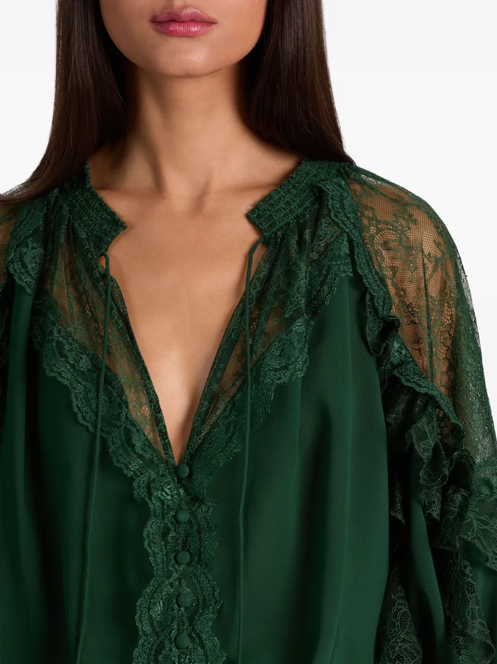Alice And Olivia Aleena Lace-trimmed Ruffled Blouse In Green