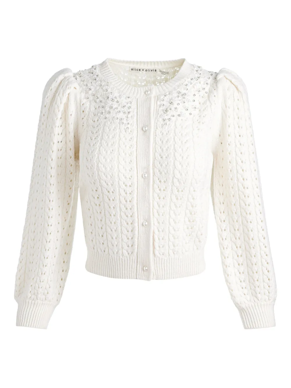 Alice And Olivia Doris Puff-sleeves Embellished Cardigan In White