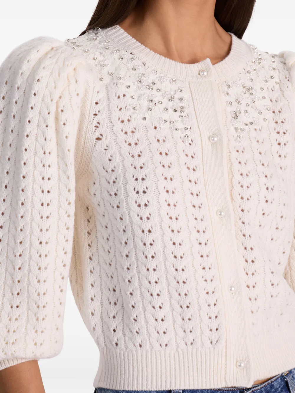 Alice And Olivia Doris Puff-sleeves Embellished Cardigan In White