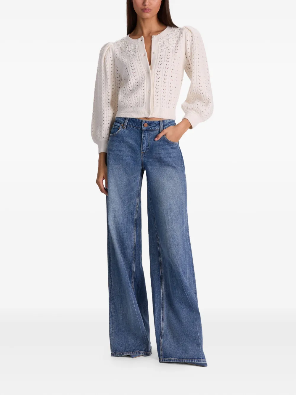 Alice And Olivia Doris Puff-sleeves Embellished Cardigan In White