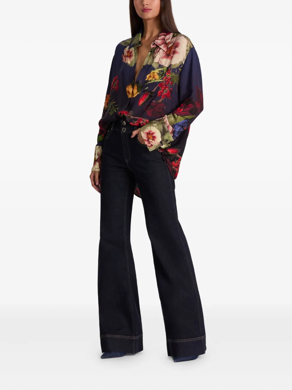 Alice And Olivia Finely Floral Button-down Shirt In Blue