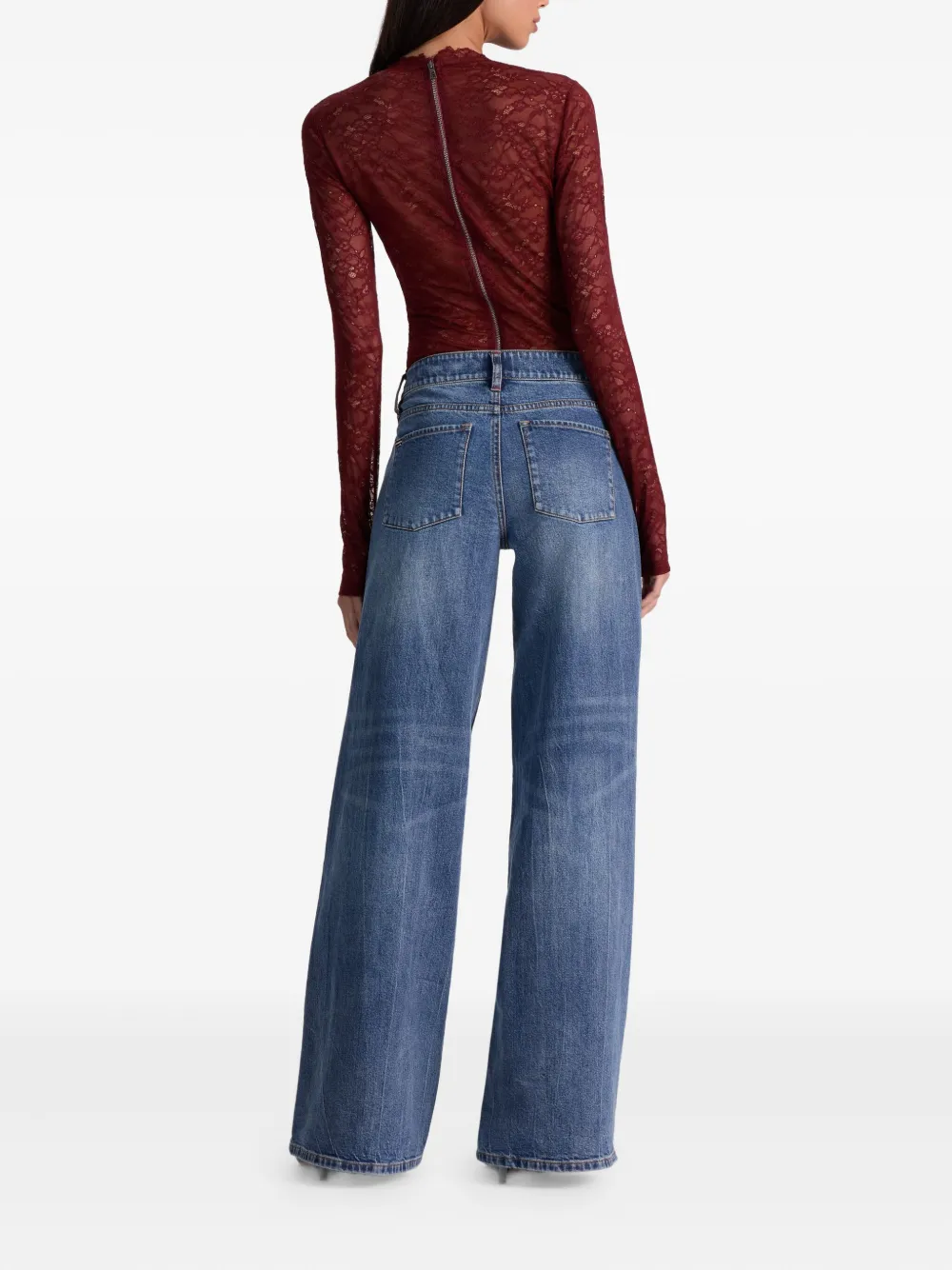 Alice And Olivia Tayen Lace Crew-neck Bodysuit In Red