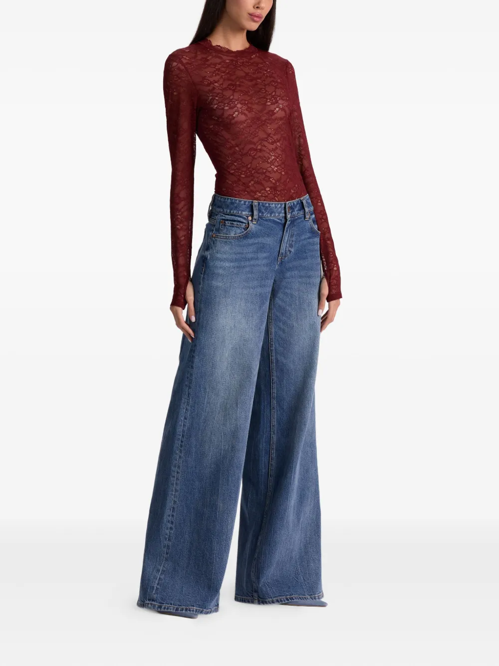 Alice And Olivia Tayen Lace Crew-neck Bodysuit In Red