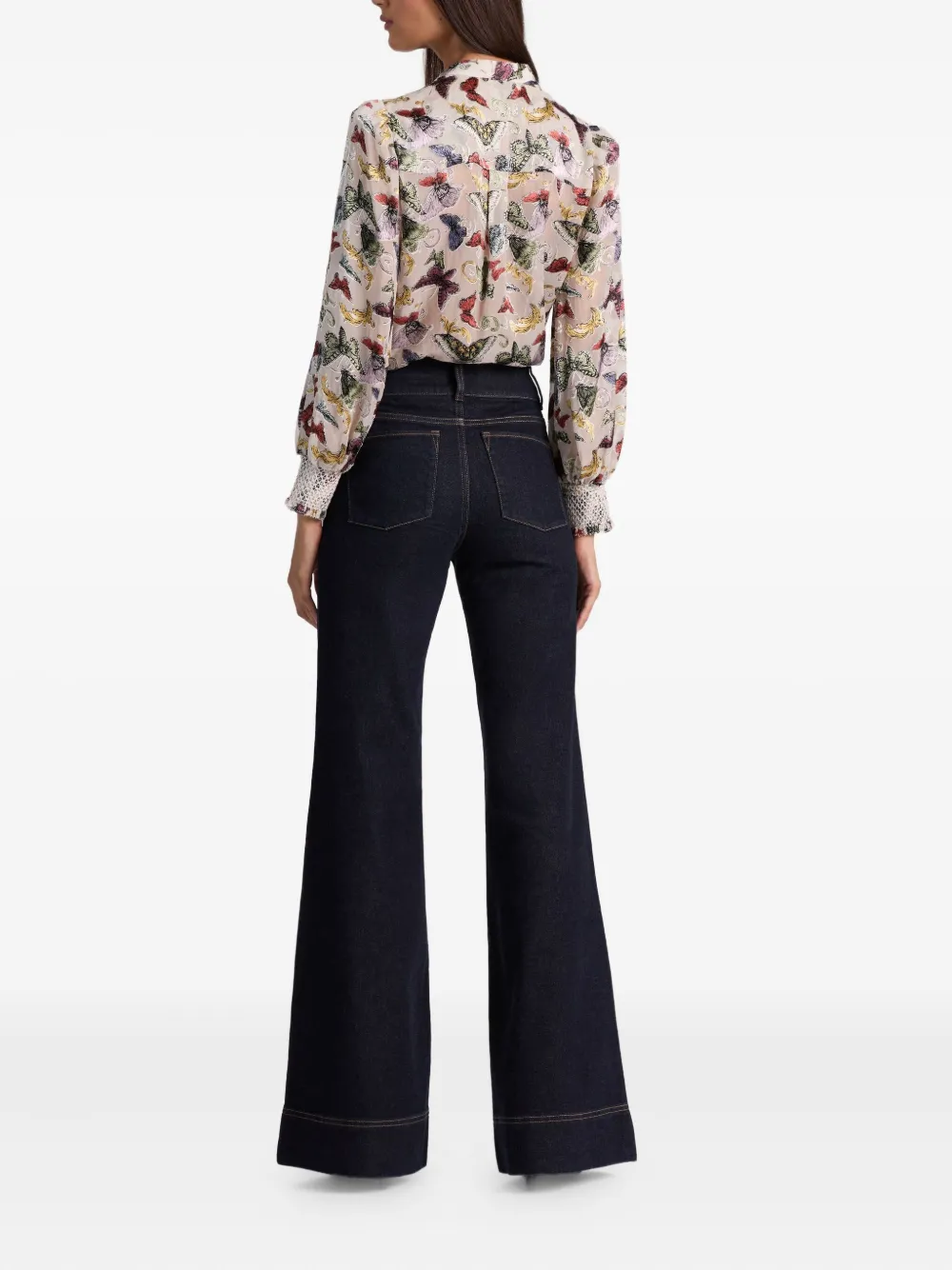 Alice And Olivia Sheila Blouson Sleeve Smocked Cuff Henley Top Spread Your Wings In Black