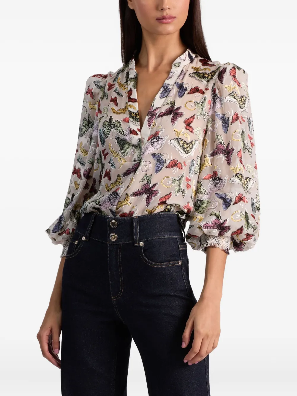 Alice And Olivia Sheila Blouson Sleeve Smocked Cuff Henley Top Spread Your Wings In Black