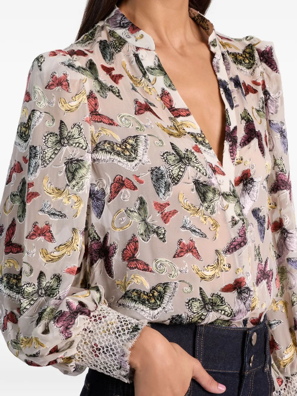 Alice And Olivia Sheila Blouson Sleeve Smocked Cuff Henley Top Spread Your Wings In Black