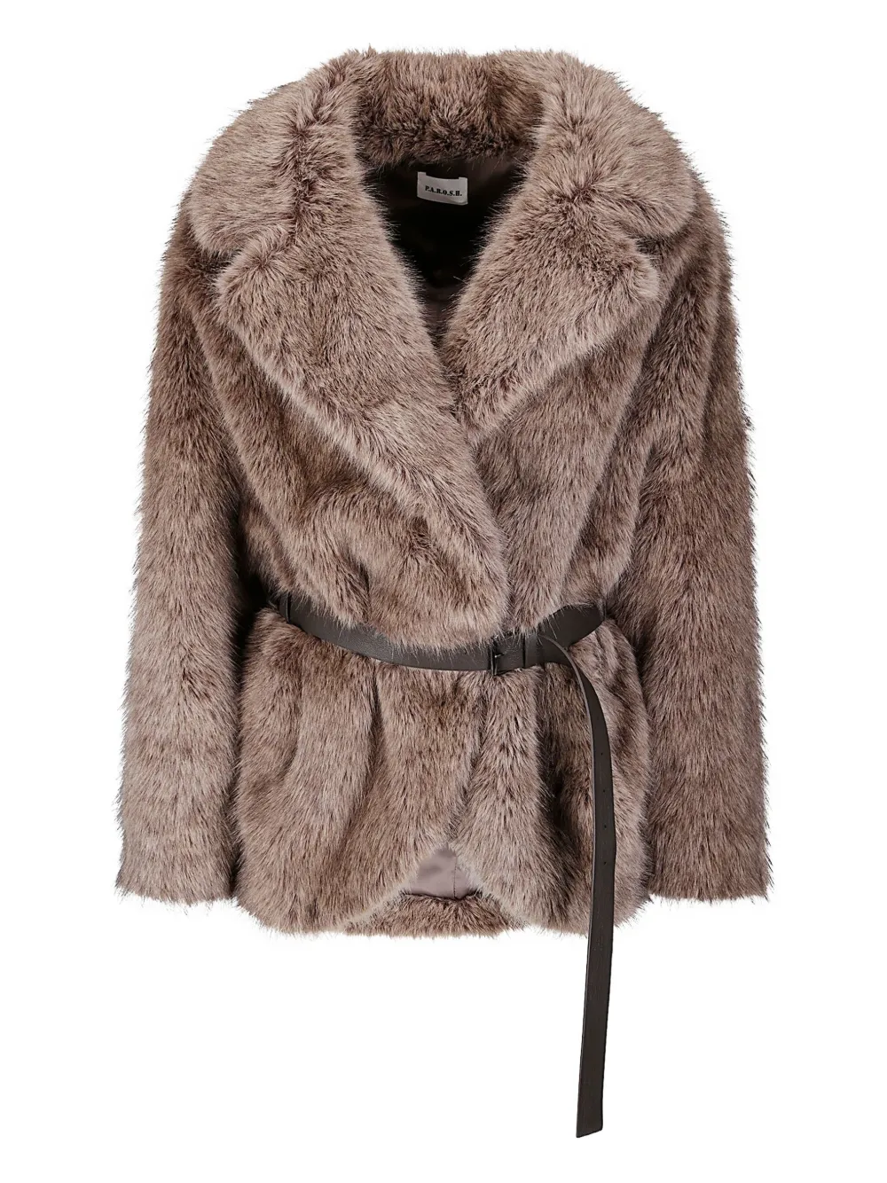 P.a.r.o.s.h Synthetic Fur Jacket With Adjustable Buckle Belt And Lapel Collar In Brown