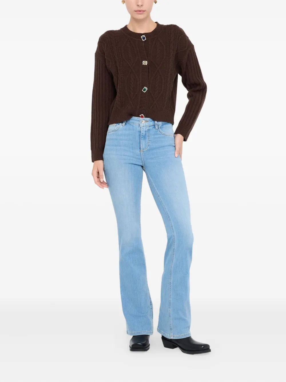 Liu •jo Wool Cardigan With Bejewelled Buttons In Brown