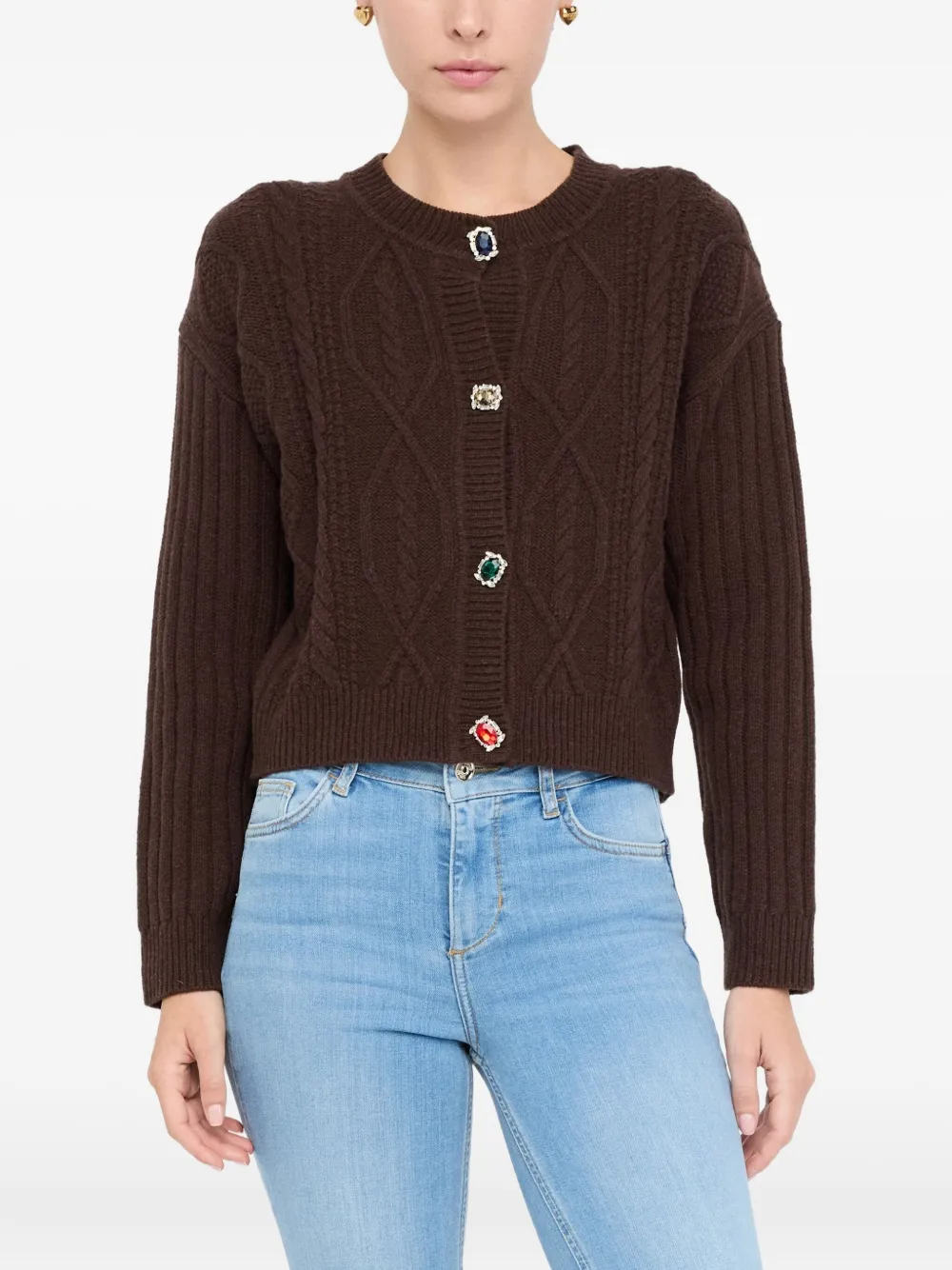 Liu •jo Wool Cardigan With Bejewelled Buttons In Brown