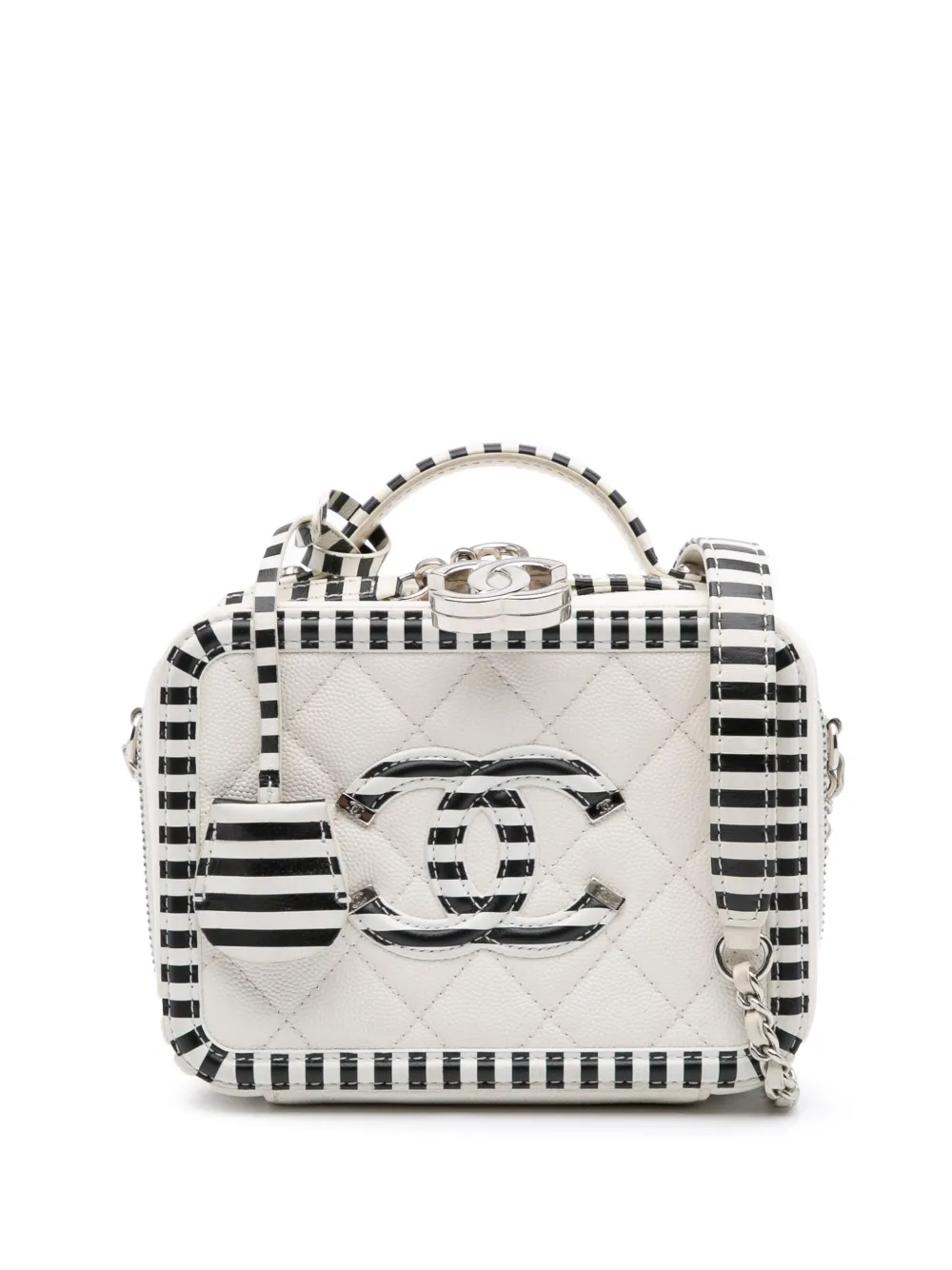 CHANEL Pre-Owned 2019 Small Caviar Striped CC Filigree Case vanity bag | White | Image 1