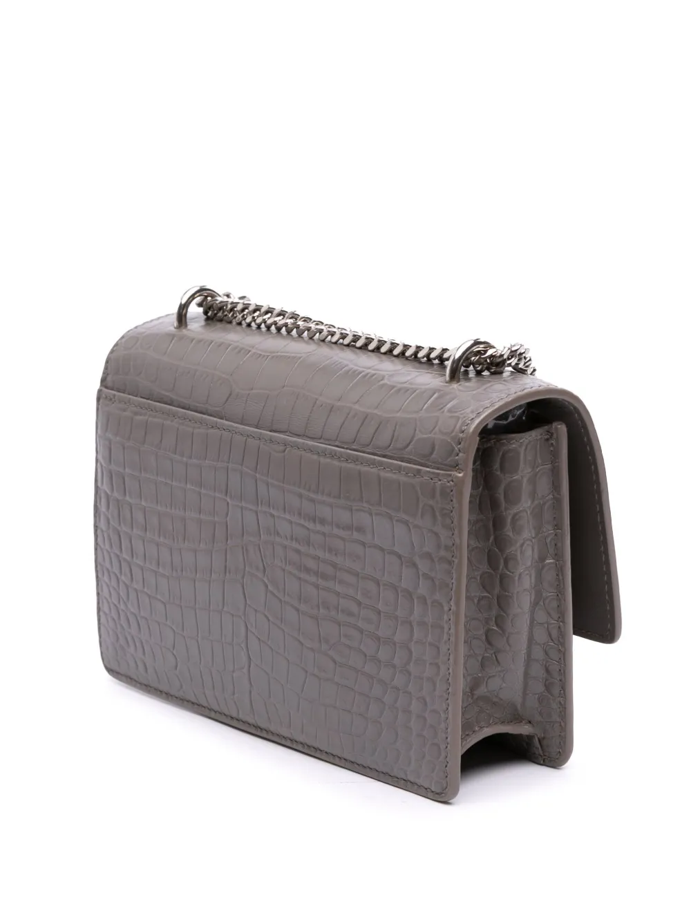 Pre-owned Saint Laurent 2017 Croc Embossed Leather Monogram Sunset Chain Wallet Crossbody Bag In Gray