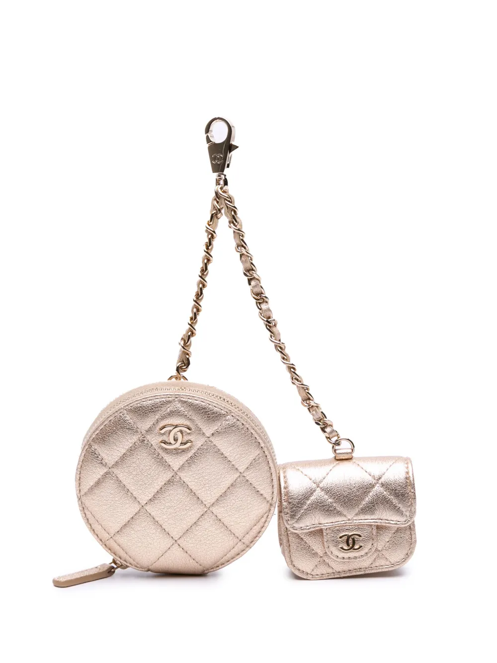 CHANEL Pre-Owned 2024 Metallic Quilted Lambskin Round Clip On Coin Purse Airpods Case | Gold | Image 1