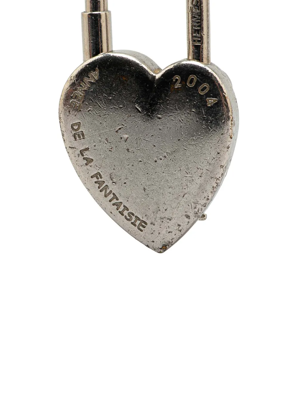 Pre-owned Hermes 2004 Palladium Plated Annee De La Fantaisie Heart Cadena Lock Charm In Silver