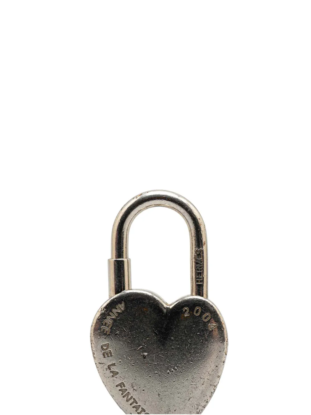 Pre-owned Hermes 2004 Palladium Plated Annee De La Fantaisie Heart Cadena Lock Charm In Silver